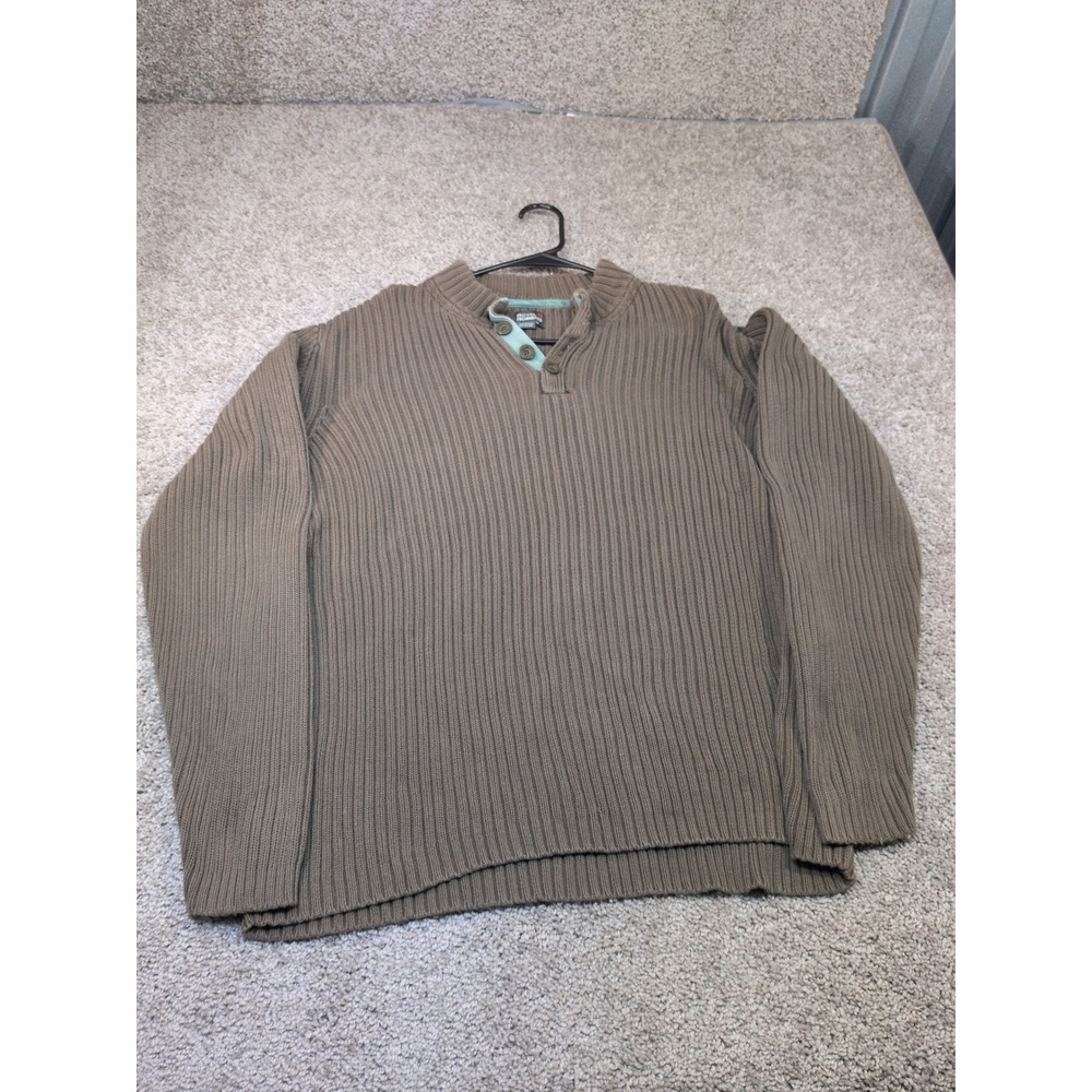 Royal Robbins Mens Large Olive Brown Ribbed Cotton Henley Pullover Sweater